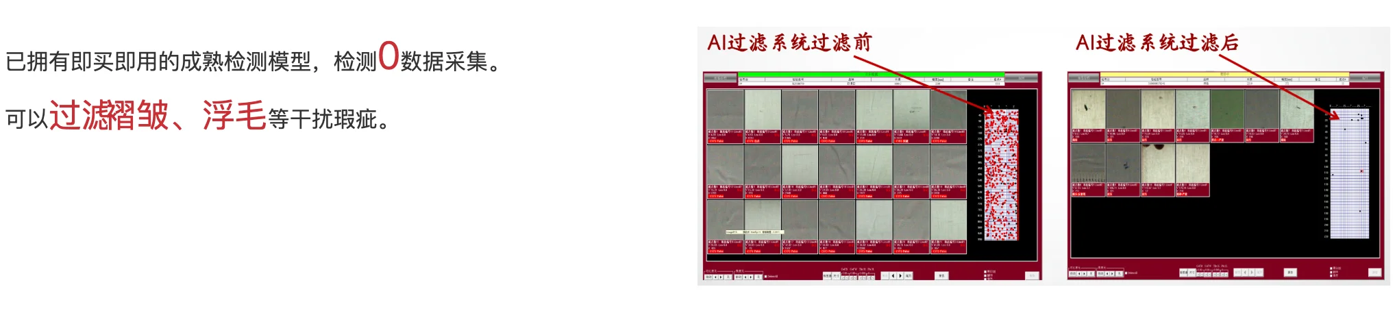 AI过滤系统过滤前后对比:过滤前满屏报警点,过滤后仅剩真实瑕疵标记